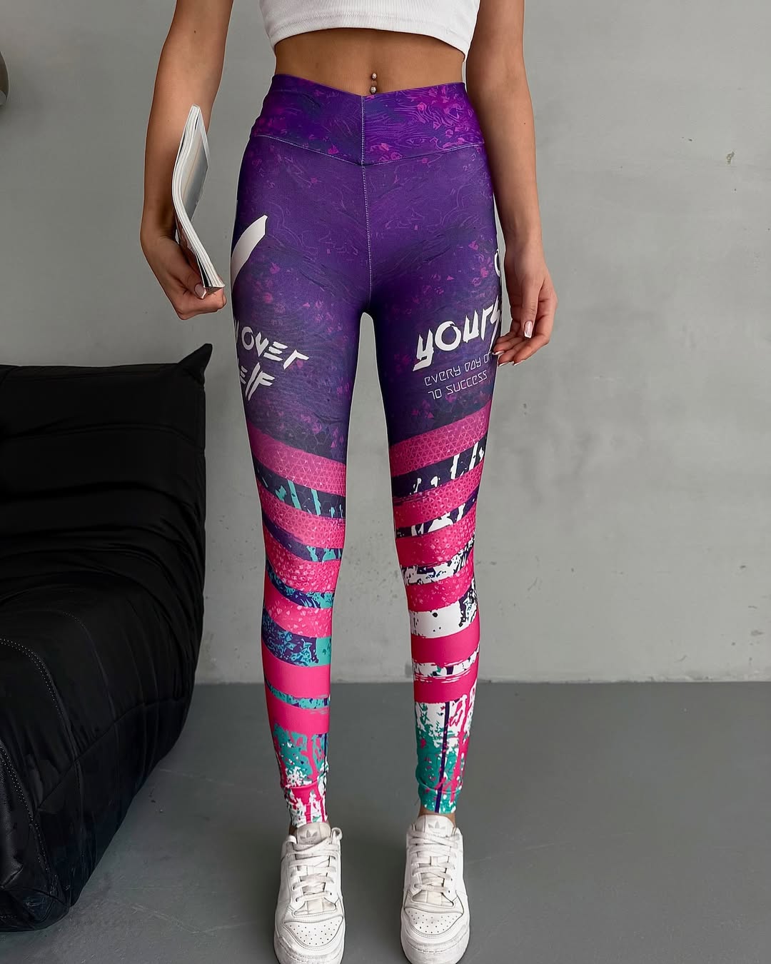 Yüksek Bel Desenli Spor Tayt – Mor & Fuşya Renkli Fitness Leggings